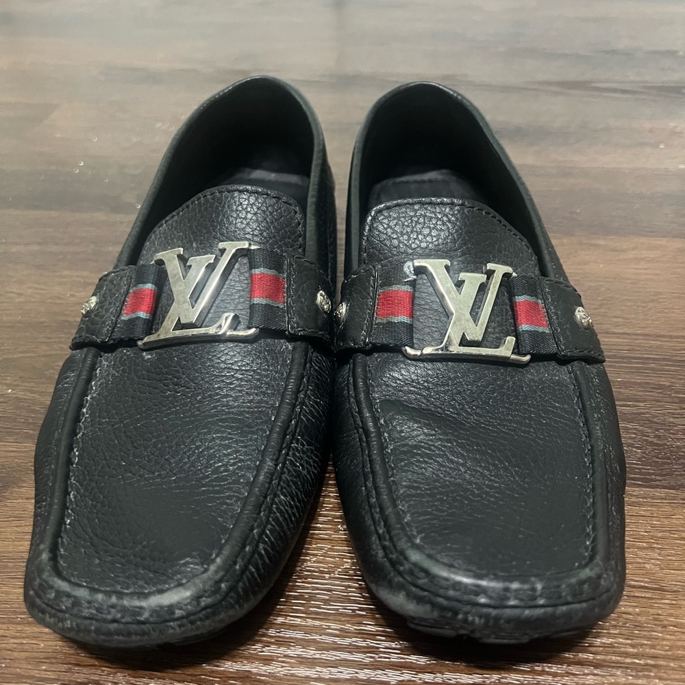 Authentic Louis Vuitton Mens Black and Red Leather Loafers